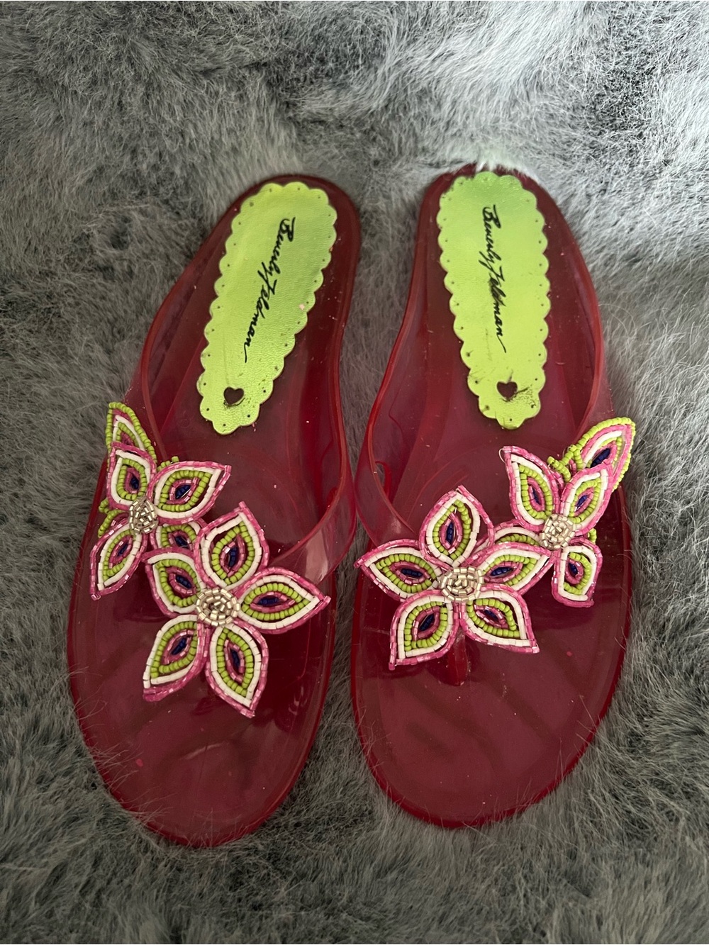 Beverly Feldman Pink Jelly Sandals with Lime and Pink Beaded Floral Accents
